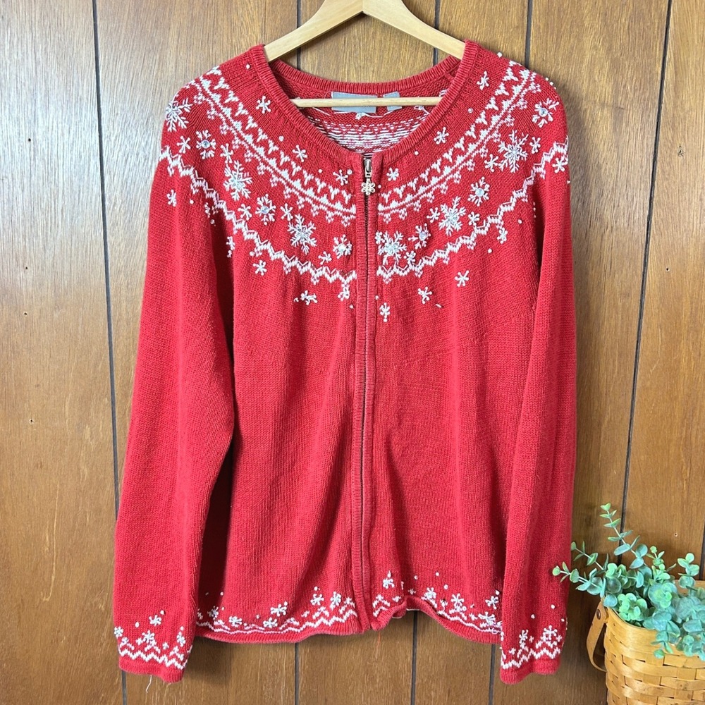 Vintage Croft & Barrow Red Snowflake Zip Up Cardigan‎ Sweater Women's Holiday